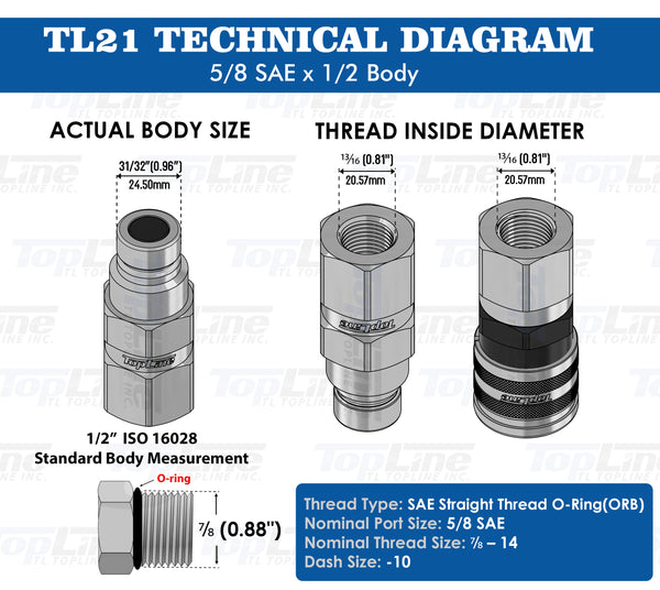 TL21 5/8" SAE Thread Flat Face Quick Connect Hydraulic Coupler 1/2" body size Bobcat Skid Steer Coupling